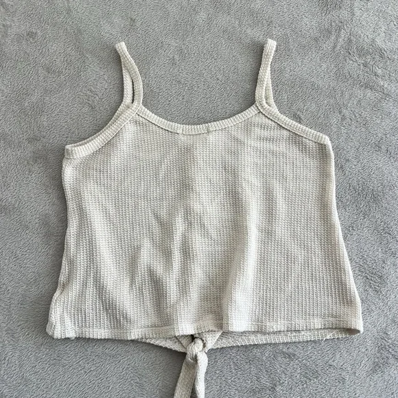 Vestique Top‎ Women Large Oatmeal Knit Waffle Tank Top  Front Tie Y2K Retro - Picture 2 of 7
